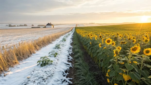 Golden sunflowers line one side of a pathway, while the other is still covered in a dusting of snow, highlighting a stunning transition between seasons under a glowing sunset.