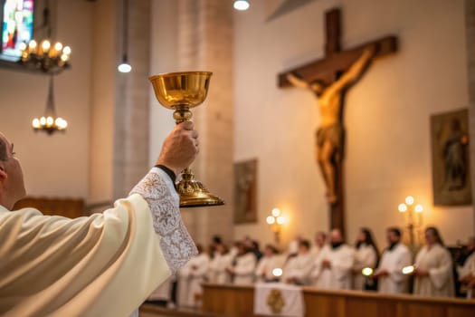 During Easter celebration, a priest elevates a golden chalice in a serene church, surrounded by clergy members in white robes. The ambiance is filled with reverence and faith as worshippers gather.