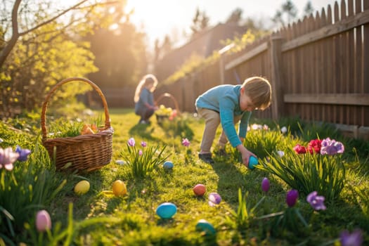 Amidst blooming flowers and warm sunlight, two children explore a vibrant garden, eagerly collecting colorful Easter eggs hidden in the grass. Laughter and joy fill the air during this festive hunt.