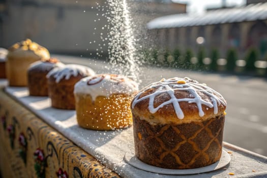 Colorful sweet breads are arranged neatly on a table, glistening with sugar coating while the sun bathes them in warm light.