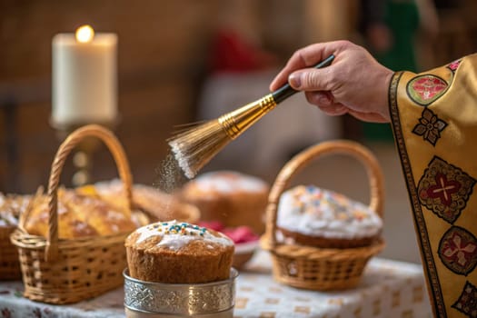 Easter festivities unfold as a hand gently sprinkles a sweet topping over beautifully decorated bread.