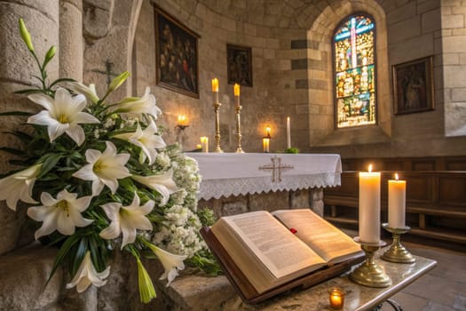 A beautiful display of white lilies and lit candles creates a peaceful ambiance in a chapel during Easter. An open book sits on a stone altar, reflecting the spirit of renewal and faith.