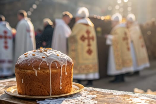 Warm sunlight bathes the scene as a beautifully glazed Easter cake sits on a golden plate.