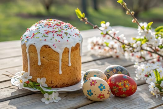 Families gather to celebrate Easter outdoors, enjoying a homemade cake drizzled with icing. Colorful eggs rest beside blooming flowers, surrounded by nature’s beauty in a sunny garden.