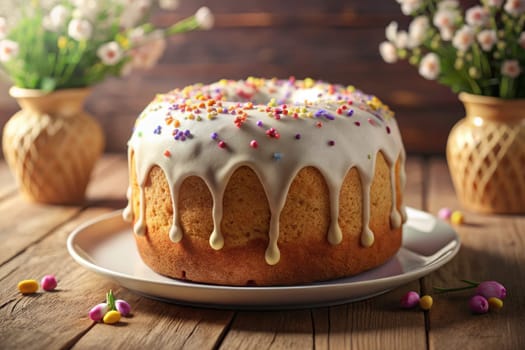 A beautifully baked cake topped with creamy icing and vibrant sprinkles rests on a rustic wooden table, surrounded by delicate flowers in charming pots, evoking the spirit of Easter celebrations.
