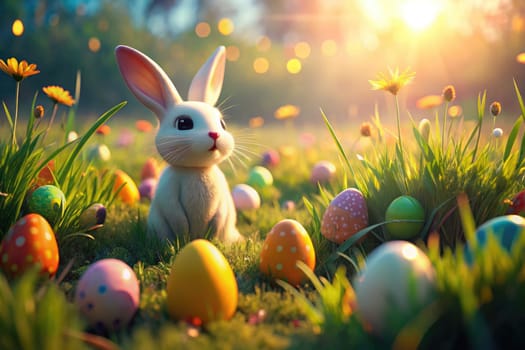 A charming bunny sits amidst vibrant flowers and a multitude of colorful Easter eggs in a sunny meadow. The warm glow of spring surrounds the joyful scene, inviting smiles and festive cheer.