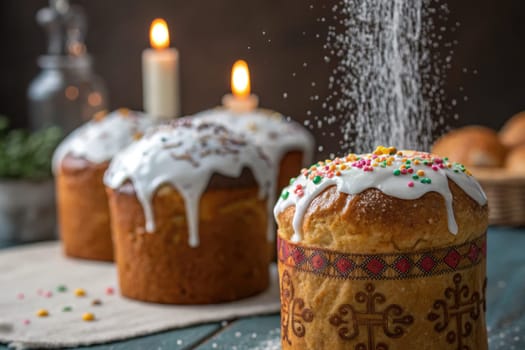 Traditional sweet bread is decorated with icing and vibrant sprinkles, surrounded by candles and soft lighting. This cozy Easter celebration emphasizes love, family, and festive joy.