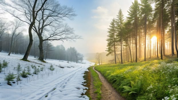 A tranquil view showcases the shift from winter to summer, with snow melting on one side and vibrant green foliage on the other. Sunlight filters through trees, highlighting the beauty of nature.