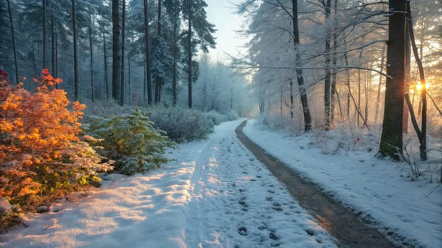 A snowy pathway winds through a tranquil winter forest, showcasing untouched snow and colorful foliage. The sun sets, illuminating the trees and creating a serene atmosphere.