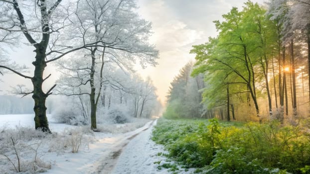 A path winds through a forest where snow covers one side and blooming greenery stands on the other. The soft light of dawn casts a warm glow over the contrasting landscapes.