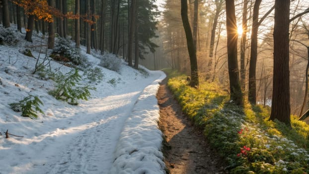 A tranquil forest path shows a mix of winter snow and vibrant summer foliage. Morning sunlight filters through the trees, illuminating the soft landscape and creating a serene atmosphere.