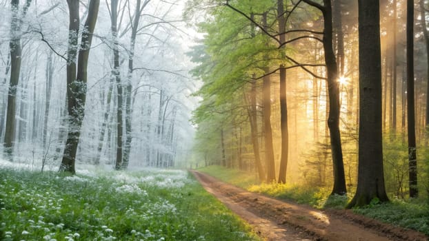 A beautiful forest displays a stark contrast between winter and summer.