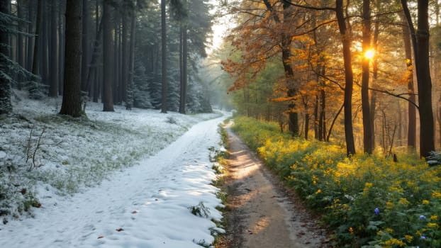 In a forest, a winding path showcases the contrast between winter and summer. Fresh snow covers one side, while bright flowers bloom under the warm sunlight on the other side.