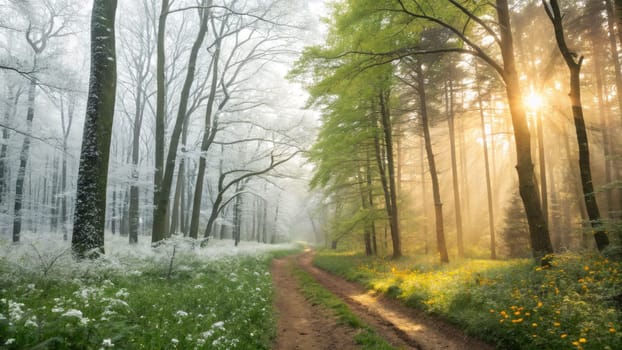 A serene forest path shows a stunning contrast between frosty winter trees and vibrant summer foliage. Soft sunlight filters through mist, creating a magical atmosphere at dawn.
