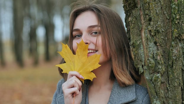 Beautiful happy young girl with a smile holds an autumn yellow leaf near the face