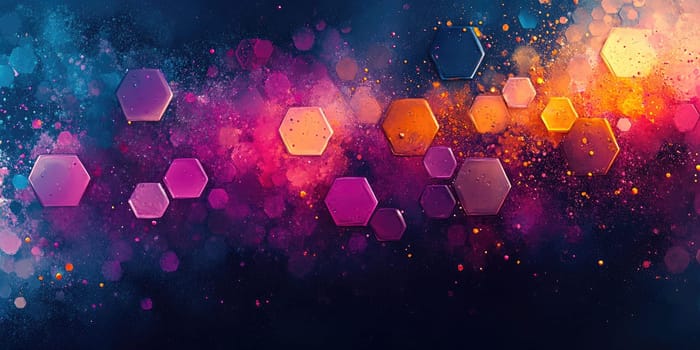 This abstract background features a vivid arrangement of hexagonal patterns intertwined with bold paint splashes. The energetic artistic composition is enhanced by smooth gradients transitioning from deep blues to bright pinks, oranges, and purples. The design creates a sense of movement and creativity, making it ideal for various artistic applications, including digital artwork, website design, and marketing materials. Its modern look adds a lively touch to any project.