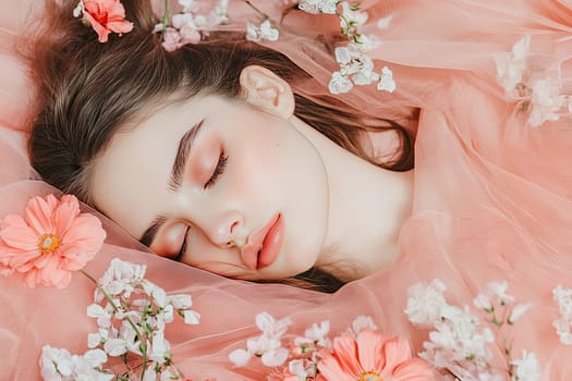 A romantic brunette lies peacefully on a soft fabric surface, surrounded by vibrant flowers. Her eyes are closed, embodying a serene moment of relaxation. The gentle folds of the fabric and the soft colors of the blossoms create an atmosphere of calm and tranquility. This scene invites a sense of reflection and harmony, emphasizing the beauty of natural elements combined with simplicity in design.