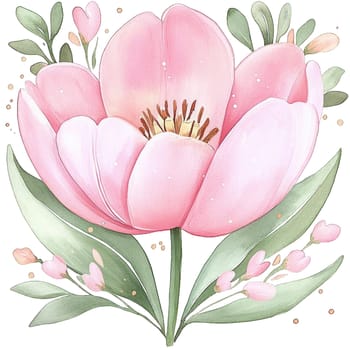 A stunning illustration features a large pink peony flower in full bloom, showcasing its soft petals and intricate details. Surrounding the flower are delicate green leaves and smaller pink floral accents, creating a harmonious and vibrant composition. This artwork radiates beauty and elegance, making it perfect for decorating spaces or as an element in various design projects. The soft color palette contributes to a fresh and calming atmosphere.
