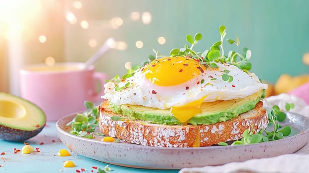 Brightly colored avocado toast sits elegantly on a handmade ceramic plate, showcasing a thick layer of creamy avocado spread on artisanal sourdough. Topped with a perfectly poached egg that has a silky yolk, the dish is garnished with fresh microgreens and a sprinkle of chili flakes for added flavor. The setting features soft side lighting that highlights the textures of the ingredients, evoking a warm and inviting atmosphere, perfect for brunch or a snack at any time of day.
