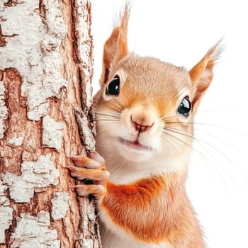 A red squirrel is nestled against the rough texture of a tree trunk, showcasing its lively and curious nature. Its bright eyes and expressive face convey a sense of wonder as it peers out from behind the bark. The minimalistic composition emphasizes the squirrel's vibrant fur and playful demeanor, making it the focal point against a stark white background. This snapshot captures the essence of wildlife curiosity in a serene setting.