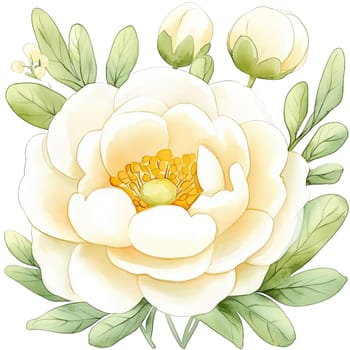 A stunning illustration showcases a white peony flower in full bloom, surrounded by lush green leaves and delicate buds. The intricate details highlight the soft petals and vibrant center of the flower, presenting a sense of freshness and elegance. This artwork captures the essence of a peaceful garden, inviting viewers to appreciate the beauty of nature and the delicate balance of colors and textures within the floral arrangement.