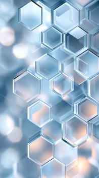 A captivating abstract background features a striking hexagonal pattern enhanced by a frosted glass effect. The composition includes semi-transparent layers that create a light and airy atmosphere, showcasing stylish geometric shapes. Subtle reflections add depth and intrigue to the design, perfect for modern applications. This futuristic backdrop can be used for digital projects, presentations, or as a unique design element.