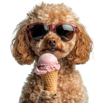 A fashionable poodle poses confidently, showcasing a charming and sophisticated look. Its fluffy fur complements the trendy sunglasses, enhancing its stylish demeanor. The poodle holds an ice cream cone, savoring the moment with an adorable expression. Set against a clean, white background, this full-length portrait captures the essence of leisure and elegance, making it a perfect representation of a delightful canine experiencing a sweet treat.