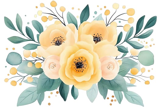 A vibrant floral arrangement showcases beautifully bloomed yellow roses surrounded by soft beige blooms and delicate green leaves. The composition is enhanced with subtle touches of small yellow and green dots, adding a whimsical feel. This floral design is perfect for brightening up any space, making it ideal for decoration in homes, gatherings, or special occasions. Its cheerful colors evoke warmth and freshness that draw attention and enhance the ambiance.