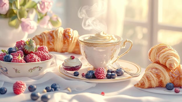 This beautifully arranged breakfast features golden, flaky croissants with delicate layers, showcasing the essence of Parisian cuisine. A steaming cup of rich coffee sits in a handmade ceramic cup, adding warmth to the setting. Next to it, a charming bowl holds a mix of fresh berries, including raspberries and blueberries, enhancing the vibrant colors and flavors. Sunlight filters through, creating a cozy atmosphere perfect for a leisurely morning.