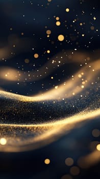 This artwork features a sophisticated blend of smooth abstract lines and shimmering golden dust particles, creating a luxurious aesthetic. The dark background accentuates the elegant shine, enhancing the visual appeal through minimalism and detail. The golden accents evoke a sense of class and refinement, making it perfect for various design projects that require a touch of opulence and sophistication. The overall composition brings a sense of calm and beauty.