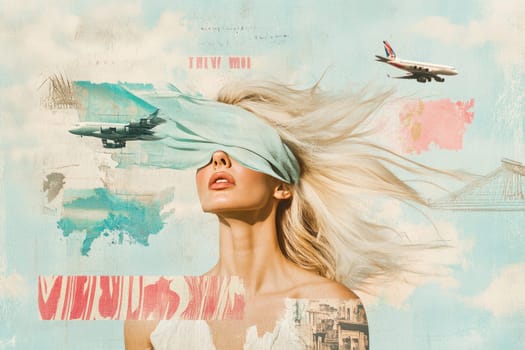 A glamorous blonde woman wears a lightweight silk scarf as subtle winds playfully move her hair. With her eyes covered, she embodies a sense of mystery and adventure. The background features a retro collage of abstract travel motifs and vintage typography, adding an artistic layer to the composition. This setting captures a nostalgic vibe, evoking dreams of exploration and travel, perfectly blending style and emotion.