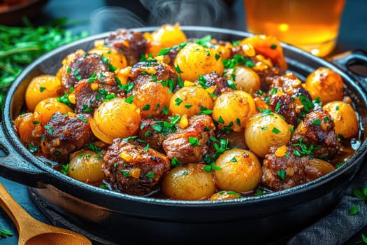 A rustic Dutch oven showcases tender, slow-braised farm-raised pork melded with caramelized onions and roasted parsnips, all simmering in a fragrant cider sauce. Garnished with fresh thyme sprigs, steam rises gently from the pot, inviting comfort and warmth. Set on a natural wooden table with a linen napkin and wooden spoon, the scene is enhanced by soft, natural lighting that illuminates the rich golden hues of the dish, creating an inviting atmosphere.