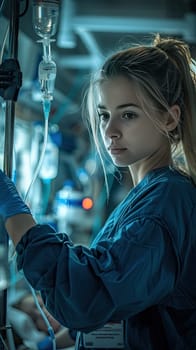 In a hospital room illuminated by soft, warm lighting, a nurse in blue medical scrubs focuses intently as she adjusts an IV drip for a patient. Wearing latex gloves and an ID badge, her expression conveys both concentration and compassion. The sterile environment includes medical equipment, monitors, and a neatly made hospital bed, showcasing the dedication and professionalism of healthcare workers in providing essential patient care.