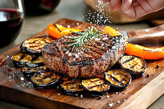 A thick, juicy steak rests on a rustic wooden board, enhanced by the rich flavors of garlic butter. Surrounding the steak are vibrant grilled bell peppers and eggplant slices, providing a colorful contrast. A hand sprinkles flaky sea salt over the dish, while a sprig of rosemary sits atop the steak, releasing its fragrant oils. Accompanying this appetizing presentation are a carving knife, olive oil, and a glass of deep red wine, all set against a textured stone countertop.