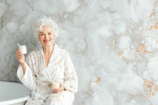 An elderly woman stands at a serene spa, drying her hands with a soft towel. Beside her, a sink features a small vase with flowers and a bar of soap, creating a tranquil atmosphere in soft, neutral tones.