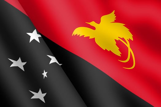 A Papua New Guinea waving flag 3d illustration wind ripple Black white red yellow Southern Cross raggiana bird of paradise