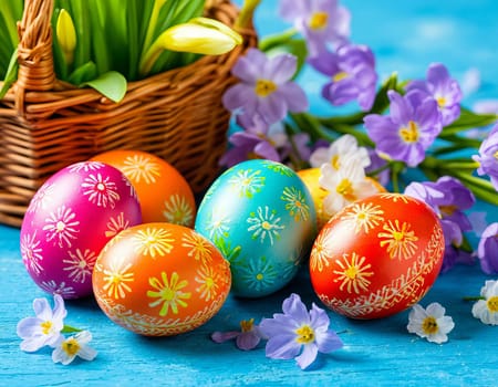 Decorated Easter eggs in a wicker basket surrounded by colorful spring flowers. The festive spirit and joy of the Easter season.