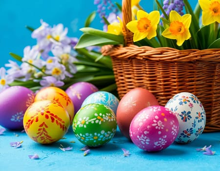 Decorated Easter eggs in a wicker basket surrounded by colorful spring flowers. The festive spirit and joy of the Easter season.