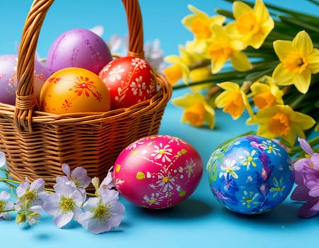 Decorated Easter eggs in a wicker basket surrounded by colorful spring flowers. The festive spirit and joy of the Easter season.