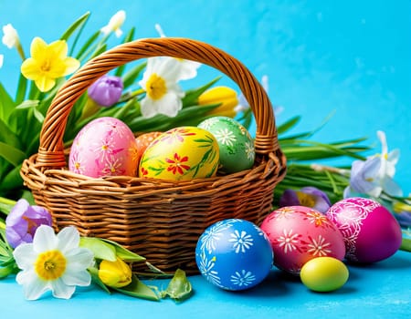 Decorated Easter eggs in a wicker basket surrounded by colorful spring flowers. The festive spirit and joy of the Easter season.