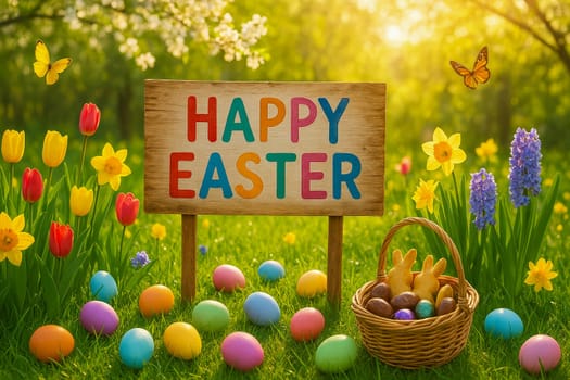 Cheerful Easter scene with wooden “Happy Easter” sign, pastel eggs, tulips, daffodils and a basket of chocolate and bunny cookies. Bright outdoor garden filled with spring joy