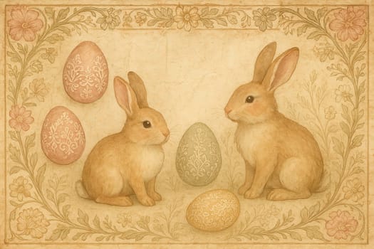 Elegant vintage-style Easter background with hand-painted rabbits, ornate floral decorations and pastel lace eggs. Muted parchment texture, perfect for greeting cards and seasonal invitations
