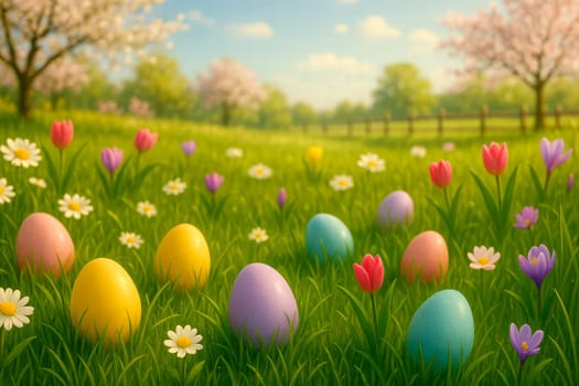 Festive spring meadow with colorful Easter eggs, daisies, tulips, and crocuses. A bright and cheerful Easter background, perfect for cards, banners, and seasonal design. AI generated.