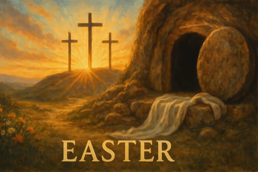 hristian Easter concept with empty tomb, cloth and three crosses at sunrise. A powerful image of resurrection, faith and spiritual renewal. Warm, symbolic and inspirational.