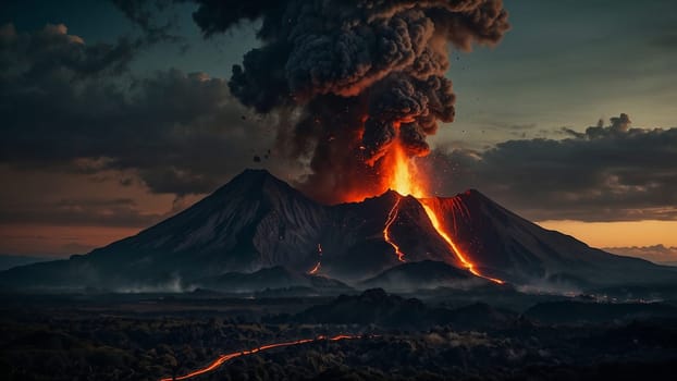 captivating scene of an active volcanic eruption, showcasing molten lava, smoke plumes, and fiery glow beneath a dramatic evening sky, exuding intense energy and natural grandeur. Iceland volcano