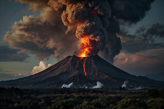 captivating scene of an active volcanic eruption, showcasing molten lava, smoke plumes, and fiery glow beneath a dramatic evening sky, exuding intense energy and natural grandeur. Iceland volcano