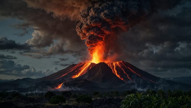 captivating scene of an active volcanic eruption, showcasing molten lava, smoke plumes, and fiery glow beneath a dramatic evening sky, exuding intense energy and natural grandeur. Iceland volcano