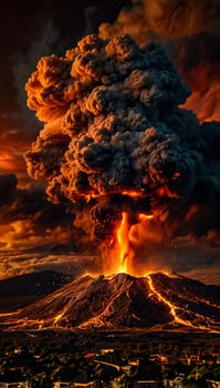 captivating scene of an active volcanic eruption, showcasing molten lava, smoke plumes, and fiery glow beneath a dramatic evening sky, exuding intense energy and natural grandeur. Iceland volcano