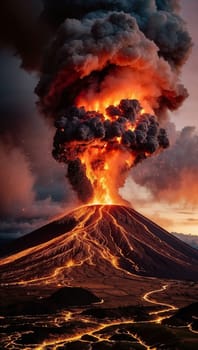 captivating scene of an active volcanic eruption, showcasing molten lava, smoke plumes, and fiery glow beneath a dramatic evening sky, exuding intense energy and natural grandeur. Iceland volcano
