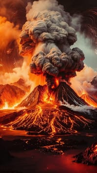captivating scene of an active volcanic eruption, showcasing molten lava, smoke plumes, and fiery glow beneath a dramatic evening sky, exuding intense energy and natural grandeur. Iceland volcano